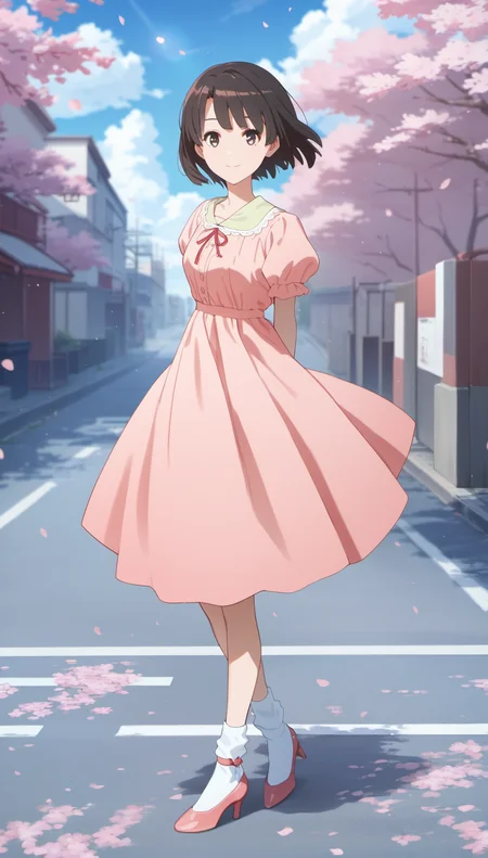 score_9,score_8_up,score_7_up,
<lora:megumikato:0.9>,
katomegumi,
1girl,solo,black hair,bangs,short hair,brown eyes,looking at viewer,smile,light pink dress with lace trim,ribbon,pink low heels with criss-cross straps,pink low heels,white bobby socks,full body,standing,hands behind back,
blurry background,bloom,outdoors,blue sky,cloud,cherry blossoms,street,light particles,lens flare,