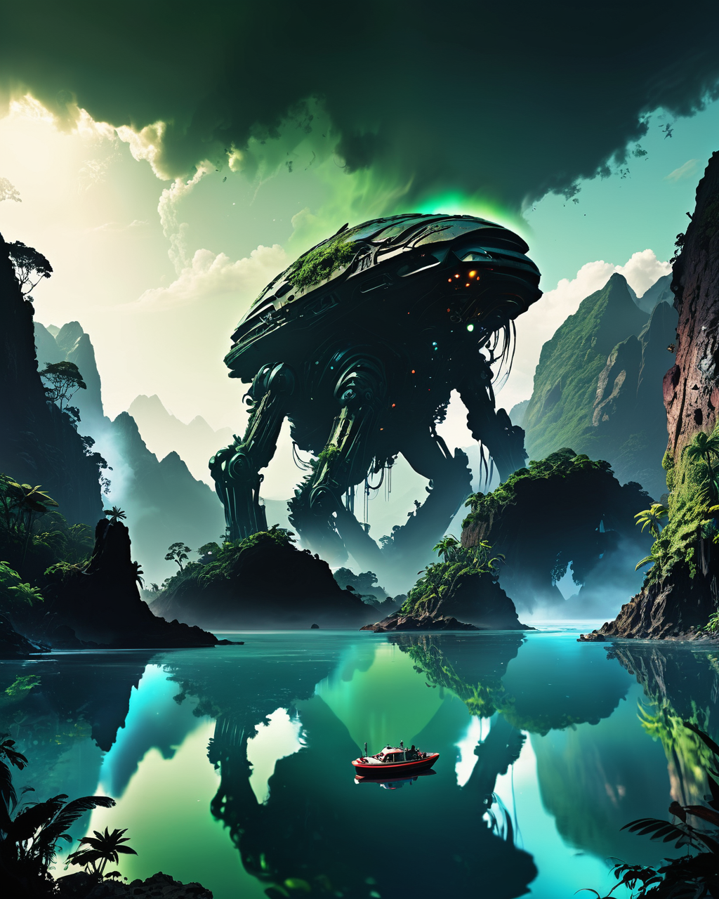 Ethereal minimalist Alien race cybergoth, rolling ocean breakers, reflections, lush jungle, mountains, <lora:add-detail-xl:0.75> <lora:xl_more_art-full_v1:0.5>    <lora:tbh102-sdxl:1> style of Andreas Achenbach