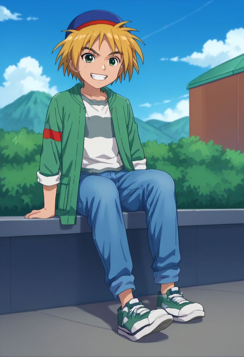 score_9, score_8_up, score_7_up, source_anime, highly detailed, 
kaito, 1boy, solo, green eyes, smile, blonde hair, pants, hat, short hair, jeans, grin, shoes, sneakers, shirt, denim, green coat, rolled up pants,
outdoor, sky, clouds, sit,