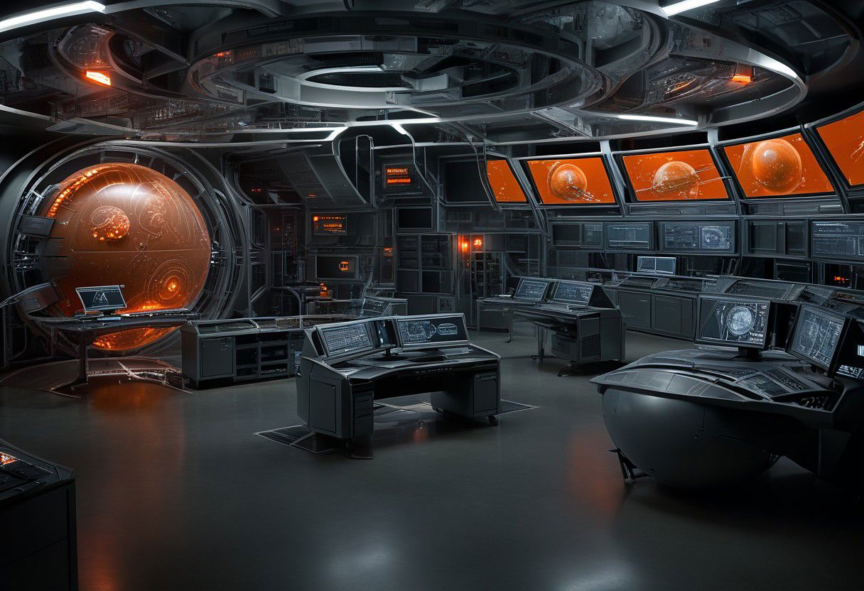 sci-fi computer station, multiple projected screens, planet blueprint on screens, orange color only while the rest are grey, hacking theme, computers around, server racks around, giant sci-fi computer in the middle, middle giant computer as focal point, middle giant computer has projected screen, low camera angle