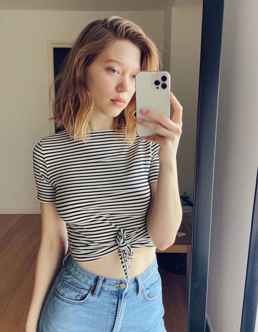 score_9, 1girl, solo, lea seydoux,  stripped shirt, jeans pants, selfie, iphone 12  <lora:dmd2_sdxl_4step_lora_fp16:1> <lora:leaseydoux-bl16:1>