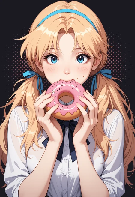 masterpiece, high_quality, highres,
woman, blouse, bowtie, hair_ribbons, eating_donut, joy, eyelashes, crumbs, blush, black_background, halftone