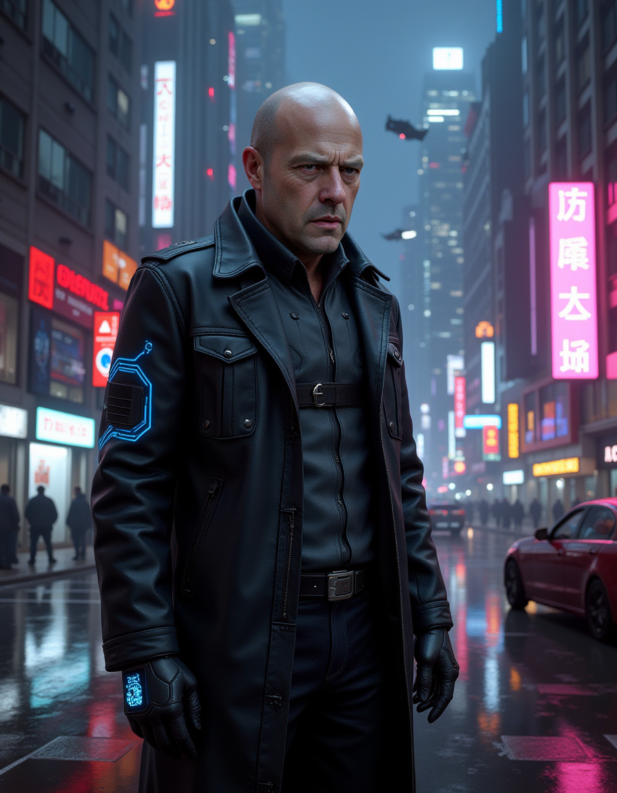 Ha_nk_Break_Bad_2025 - Cyberpunk Cityscape
This is a highly detailed CGI rendering of a man's three-quarter view, set against the neon-lit skyline of a sprawling cyberpunk city. The subject is a middle-aged, bald man with a pale, weathered complexion, a furrowed brow, and a piercing, almost cold gaze.
He is wearing a sleek, high-collared black jacket with glowing blue circuitry patterns running along the seams. Underneath, a fitted gray bodysuit with armored panels suggests a life of danger and intrigue. His boots are heavy and reinforced, and a faint holographic display projects from a wristband on his left arm. The background is alive with towering skyscrapers, flying vehicles, and rain-slick streets reflecting the vibrant neon lights. <lora:Ha_nk_Break_Bad_2025:1.0> <lora:AntiBlur:1.0>