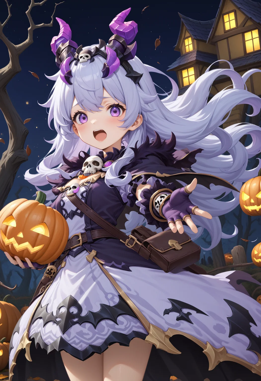 masterpiece, best quality, very aesthetic, absurdres, rom_hela_xl,
1girl, purple hair, horns, purple eyes, open mouth, skull on chest, purple dress, fingerless gloves, saddlebag,
hands on own cheeks, excited, giving trick or treat, candies,
haunted house, withered trees, bats, halloween, pumpkin,
outdoors, (wind, falling withered leaves, light particles:1.4), light rays, tyndall effect, vivid colors, tranquil and magical atmosphere,
shiny skin, beautiful face, beautiful eyes, extreme detailed, official art, professional illustration, hires,
<lora:rom_hela_xl:1>, <lora:aesthetic_anime_v1s:0.5>, <lora:add_details_xl:0.5>