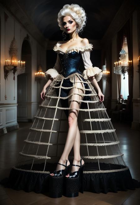 safe_pos, safe_pos, score_9, score_8_up, score_7_up, rating_safe, Fixhand, concept art, realistic, dark theme, low light, dvr-gs. 1girl, solo, ((Long legs)).
Long White hair, Blue eyes, sexy makeup.
CageSkirt. ((long skirt)).
((Extremely High Platform Heels)).
((Full body))