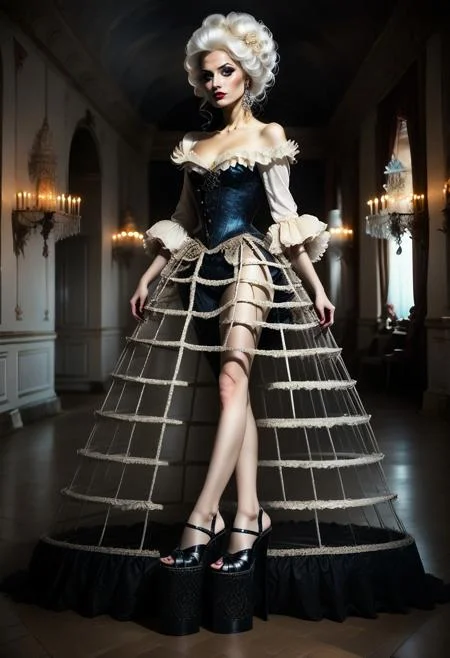 safe_pos, safe_pos, score_9, score_8_up, score_7_up, rating_safe, Fixhand, concept art, realistic, dark theme, low light, dvr-gs. 1girl, solo, ((Long legs)).
Long White hair, Blue eyes, sexy makeup.
CageSkirt. ((long skirt)).
((Extremely High Platform Heels)).
((Full body))