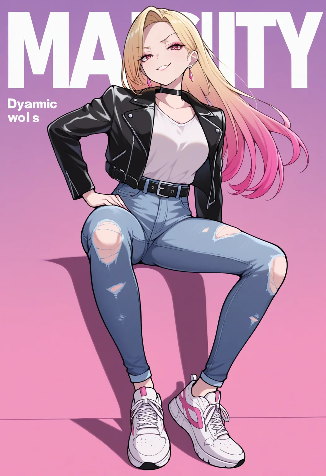 masterpiece, best quality, 1girl, solo, blonde hair, gradient hair, long hair, pink eyes, makeup, earrings, leather jacket, open jacket, black choker, jeans, torn jeans, black belt, sneakers, sitting, invisible chair, smile, smug, magazine cover, pose, dynamic pose, photo shoot