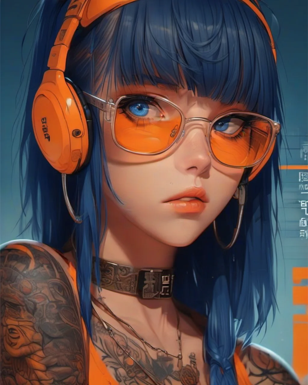 (poster art:1.5),
(depth of field:1.1), (intricate details),
<lora:Poster_XL:1>,
1girl, arm tattoo, bangs, blue eyes, blunt bangs, earrings, glasses, headset, long hair, looking at viewer, navel, necklace, orange eyes, solo, upper body