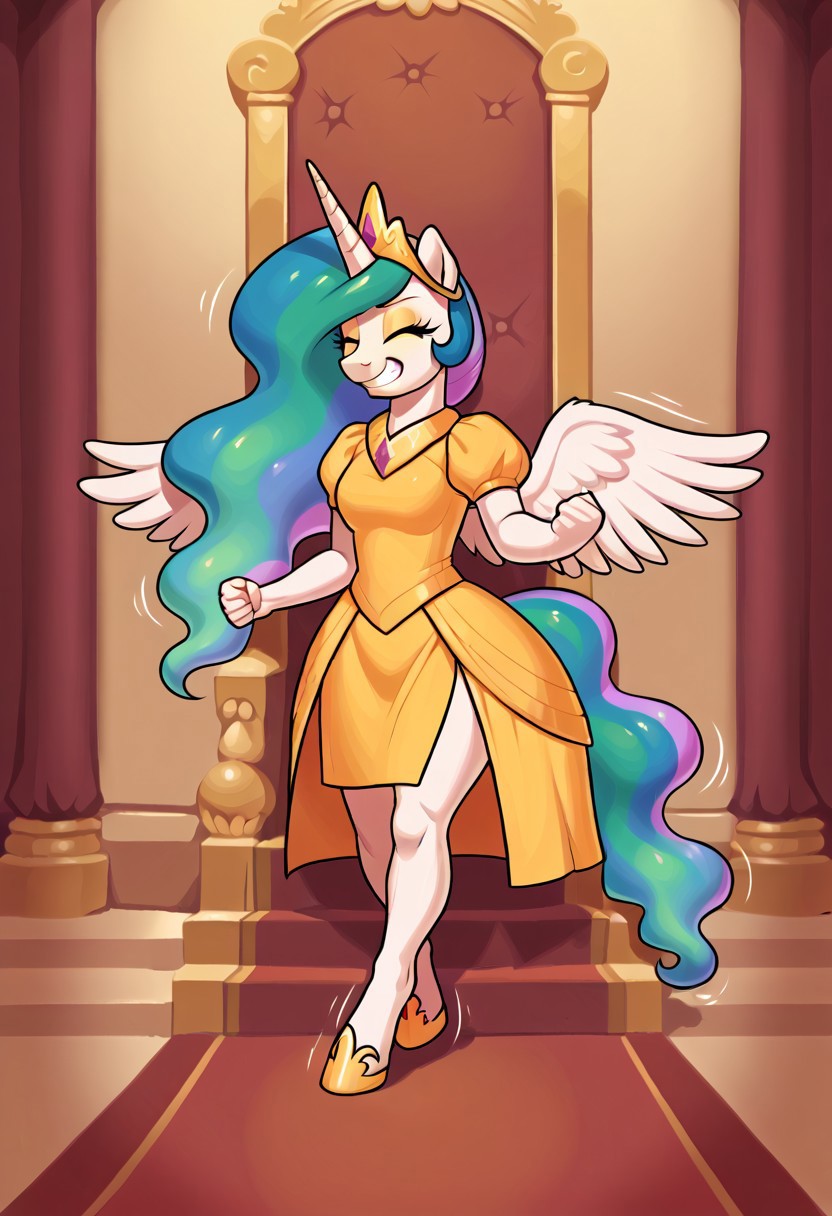score_9, score_8_up, score_7_up, (detailed textures, digital artwork), ((palace, throne, carpet, meesh style)), (((easynegative, full body, solo))), (white fur, female, anthro pony, Princess Celestia_(mlp):1.00), ((long hair, bangs, rainbow hair)), ((wings, unicorn, horn, pony hooves, snout, tail, ears, closed eyes, eyelashes)), ((yellow princess outfit, golden tiara:1.30)), ((grin, clenched hands, amrs near hands, motion lines, posing)),