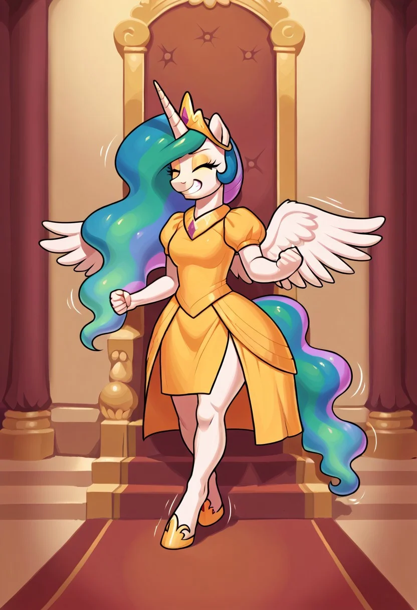 score_9, score_8_up, score_7_up, (detailed textures, digital artwork), ((palace, throne, carpet, meesh style)), (((easynegative, full body, solo))), (white fur, female, anthro pony, Princess Celestia_(mlp):1.00), ((long hair, bangs, rainbow hair)), ((wings, unicorn, horn, pony hooves, snout, tail, ears, closed eyes, eyelashes)), ((yellow princess outfit, golden tiara:1.30)), ((grin, clenched hands, amrs near hands, motion lines, posing)),