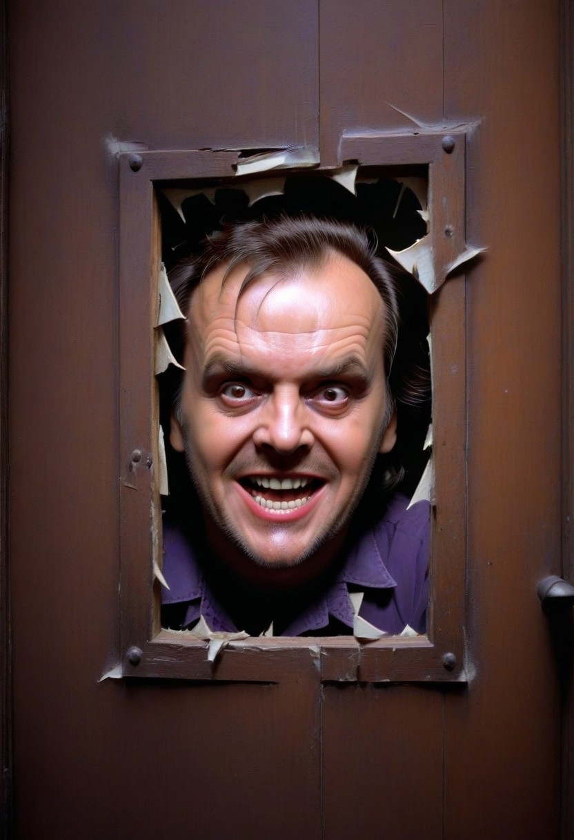"here's johnny" text logo, looking through a broken door with a creepy smile, upclose Jack Torrance, 80s