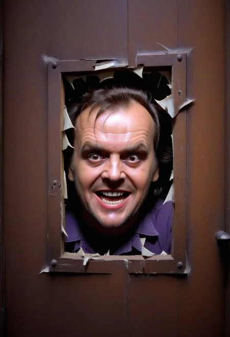 "here's johnny" text logo, looking through a broken door with a creepy smile, upclose Jack Torrance, 80s