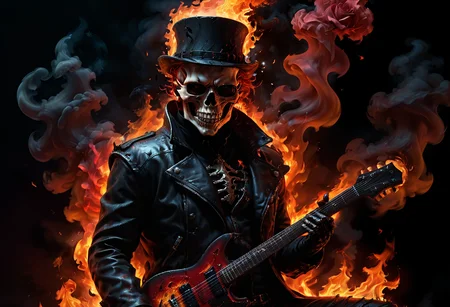 ((masterpiece)), 8k, highly detail, intricated detail, shallow depth of field, epic, HDR, vibrant color, vibrant detailed, volumetric lighting, cinematic lighting, dark, night, hard rock vibe, octane render, full body, knight jack wearing a tophat and black glasses playing guitar on fire and slowly turn into flame, smoking cigarette, cigarette, top hat with red rose, black glasses, heavy metal jacket, heavy metal pants, heavy metal boots, rocking the inferno, blue flame, red flame, smoke with a shape of black rose, <lora:zavy-cntrst-sdxl:0.9>, <lora:mini_lora:0.48>