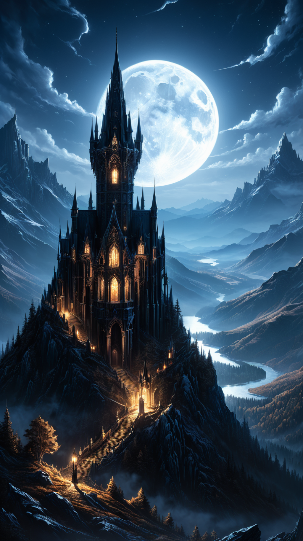 a masterful digital fantasy painting in the style of Greg Rutkowski Dan Mumford and Caspar David Friedrich , a dark tall and gothic vampire castle sits atop a creepy mountain spire, moonlit, night, masterpiece, 8k, award winning, high quality, best quality, cinematic, extremely detailed, intense lighting, epic,  <lora:SDXLFrosted:0.4> <lora:xl_more_art-full_v1:0.6>  <lora:SDXLAuroraStyle:0.2>