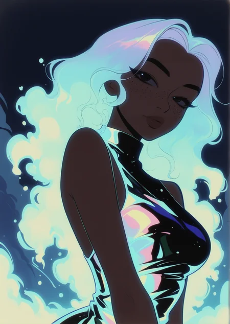 (masterpiece), (best quality), (ultra-detailed), amazing quality, very aesthetic, illustration, perfect composition, intricate details, absurdres, incredibly absurdres, shiny skin, realistic,
1girl, solo, hair, translucent hair, blue hair, upper body, iridescent hair, long hair, black eyes, elegand minimalist dress, looking at viewer, shiny, artist name,dynamic pose,  artistic pose, fluffy ice clouds,freckles,((glowing)) ice, strong light,facing viewer, [:sweater underneath,:0.15]
<lora:SPNGS:1> SPNGS