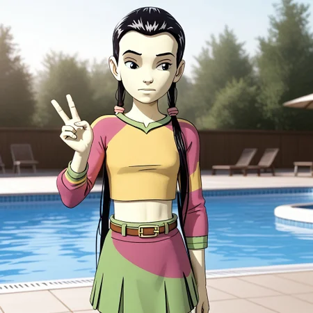 score_9, score_8, score_7, N0R3AL_PDXL, break, haylin_w, solo, 1girl, long hair, black hair, raglan sleeves, belt, skirt, midriff, twintails, outdoors, poolside, natural lighting, v,