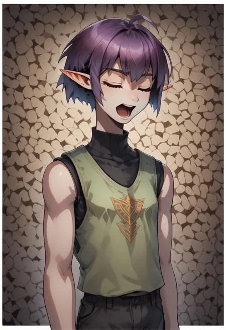 Lapanya, 1 person, solo, pointy ears, ((snout nose)), flat chest, small nostrils, short stature, skinny arms, ((closed eyes, singing, open mouth, skipping)), fair skin, ((dark lilac hair)), short hair, tomboy haircut, small nostrils, 3 fingers 1 thumb ((Sleeveless green vest, fitted black undershirt, black pantaloons, fully clothed)), dynamic view
((Organic cavern background)), fully clothed,
clean lines, up close, upper body focus, highly detailed face, detailed background, high quality, best quality, score: 9, score: 8 up, rating: safe