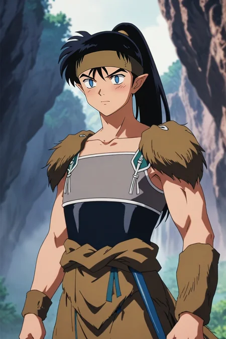 score_9, score_8_up, score_7_up, source_anime, rating_safe, , (realistic:0.6), , depth of field, 1boy, solo, male focus, <lora:kouga_inuyasha_pony:0.86>, kouga_inuyasha, black hair, blue eyes, long hair, ponytail, pointy ears, headband, cowboy shot, fantasy land, light, leaning on object, embarrassed, nose blush, , <lora:sdxl_lightning_8step_lora:1>