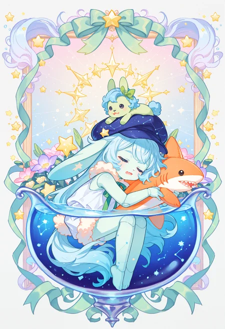 (incredibly_absurdres, amazing_background, best quality, pastel_colors, bright_colors, colorful, soft_colors, sparkle, shiny, glowing, fantasy, star_(symbol), detailed_background, detailed_eyes, stylized, watercolor_(medium))
(SNRA-Illu, fang, green skin, music, fur trim, fusion, doll joints, cabbie hat, blue hair, rabbit, animal, partially submerged, dog, sleeveless, constellation, stuffed shark, green ribbon, sleeping, air bubble, black eyes, animal on head, pegasus)