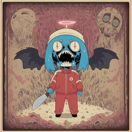 1SeraphimSpikyStripesBeetle, full body, White skin, Circle Eye, Red slit pupils, Long Square Eyebrows, sharp teeth, open mouth, no humans, pink halo, beanie Hat, red blue tracksuit, black angel wings, scared, holding knife, Desert on Midnight, neonnightmare, cosmic horror, religious horror, melting, occult, 2d, flat illustration, vector graphic, Style of MFKZ and OddTaxi