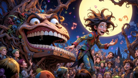 An eccentric man with wild, unkempt hair plays a surreal piano, depicted in a whimsical, stylized illustration reminiscent of Tim Burton's animated films. The piano's keys are actually the black and white teeth of a massive, grinning monster, its eyes wide with excitement as its mouth serves as the instrument. The monster's textured skin resembles weathered wood, with intricate patterns and swirls. The pianist, dressed in a vibrant, mismatched suit with patches and colorful buttons, leans forward with manic energy, his fingers flying across the teeth-keys. His hair defies gravity, spiraling out in all directions like electrified cotton candy. A close-up on his face reveals an expression of pure, childlike joy, with twinkling eyes and a broad smile. The scene is set on a moonlit hill, with a twisted, gnarled tree in the background. A diverse crowd of oddly-proportioned people gather around, their faces lit up with wonder. Some sway to the music, others clap along, and a few even float slightly off the ground in their enthusiasm. The lighting is dramatic, with a spotlight effect on the pianist and monster-piano, casting long, exaggerated shadows. Swirling musical notes float through the air, visible as glowing, multicolored entities. The overall mood is fantastical and joyous, with a touch of the absurd.
