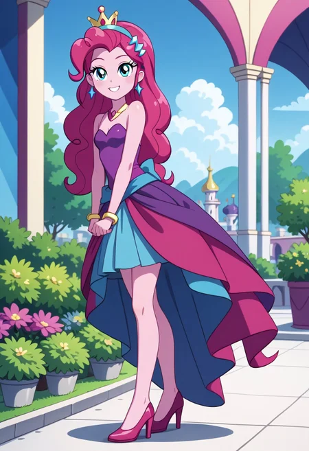 score_9, score_8_up, score_7_up, score_6_up, from My Little Pony Equestria Girls, a very young little human girl Pinkie_Pie wearing a fit blue|sky|green|brown|darkpurple|red|yellow gradients colors short princess dress, elegant detailed princess shoes, solo, 1girl, little princess girl, dark pink hair with crown hairband, smile, childhood, looking at viewer, glow detailed eyes, garden of canterlot, tul, chiffon, laces, semi realistic cartoon, unreal engine 5,  full body close-up, absurdres, digital art, soft light, perfect hands, perfect, hands, perfection, soft pink skin, skyblue eyes, party accesories and shoes, jewelry, tres chic,<lora:age_slider_v4:-4>,