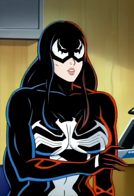 , very long hair, black hair, large breasts, casually , solo, mature woman,woman1,big hair, straight hair,swept bangs,anime_sources, colouring anime,largest breast,huge breast,venom suit, venom bodysuit,black suit, symbiote venom suit,room, bedroom,venom mask mask cover face,mask cover eyes