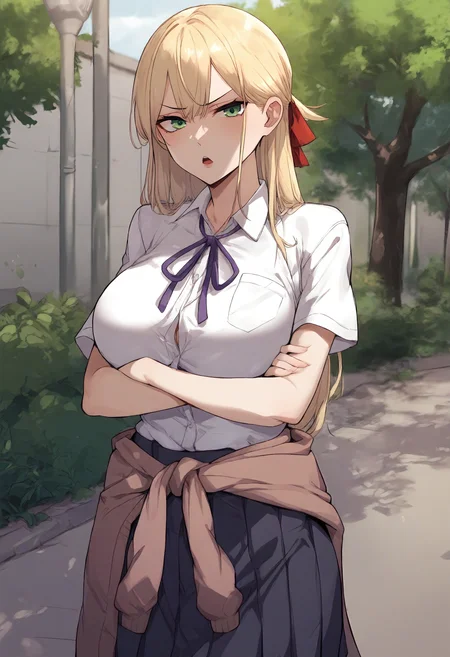 score_9, score_8_up, score_7_up, score_6_up, source_anime, rating_explicit, 1girl, (solo:1.1), huge breasts, <lora:Yoo Da-hee prefectPonyxl:0.8> blonde hair, long hair, green eyes, hair ribbon, red ribbon, sidelocks, school uniform, purple ribbon, neck ribbon, cardigan around waist, white shirt, collared shirt, short sleeves, black skirt, pleated skirt, serious, open mouth, park, outdoors, looking at viewer, crossed arms