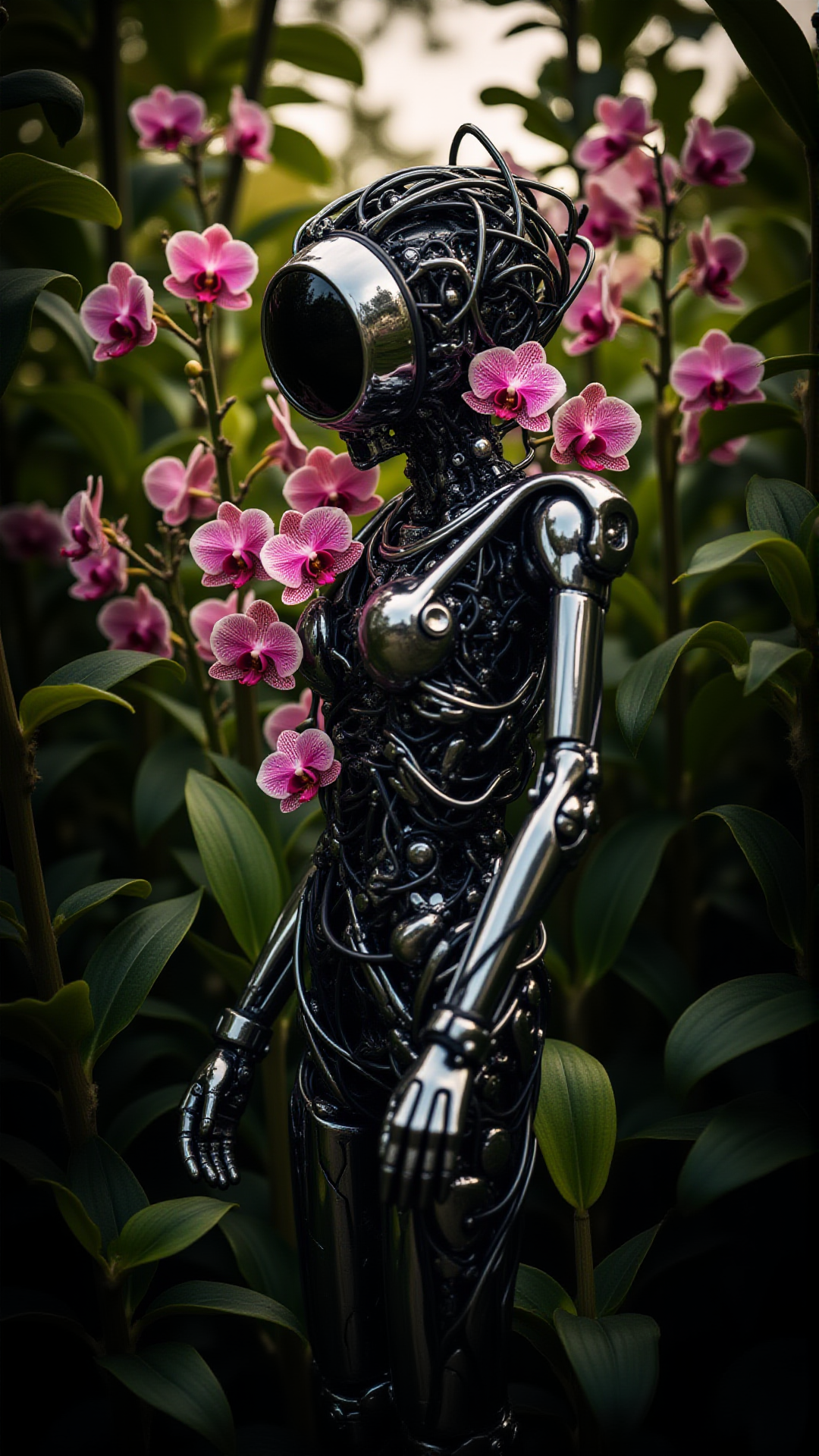 cybernetic robot, crowded foliage with Orchid, ("Spirit Message "A"":1.3) , Human, natural beauty, ruled by ruthless criminal corporations, contemporary and experimental, capturing the spontaneity and luminosity of everyday life, Victorian-inspired, low light, android, AI, machine, metal, wires, tech, futuristic, highly detailed, aidmaHyperrealism