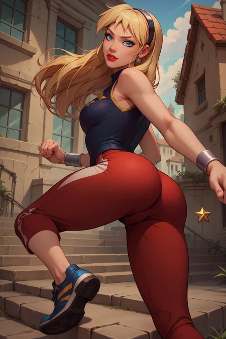 source_cartoon, source_anime, score_9, score_8_up, score_7_up, ((zPDXL2)), <lora:add-detail-xl:3> BREAK  <lora:WonderGirl:0.8> 1girl, solo, blonde hair, long hair, blue eyes, looking back at viewer, earrings, star (symbol), hairband, sleeveless, wristbands, red pants, shoes, lipstick, dynamic action pose, holding lasso, outdoors