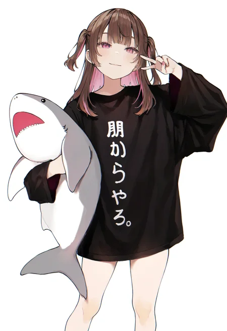 1girl, solo, streaked hair, pink streaks, brown hair, pink eyes, oversized clothes, black shirt, feet out of frame, two side up, wide sleeves,
holding stuffed animal, stuffed shark, v, smile, contrapposto, simple background,
cinematic short, chromatic aberration,
very awa, masterpiece, highres, amazing quality, newest, absurdres,
<lora:hamunezuko:0.9>,
<lora:spo_sdxl_10ep_4k-data_lora_webui:0.75>