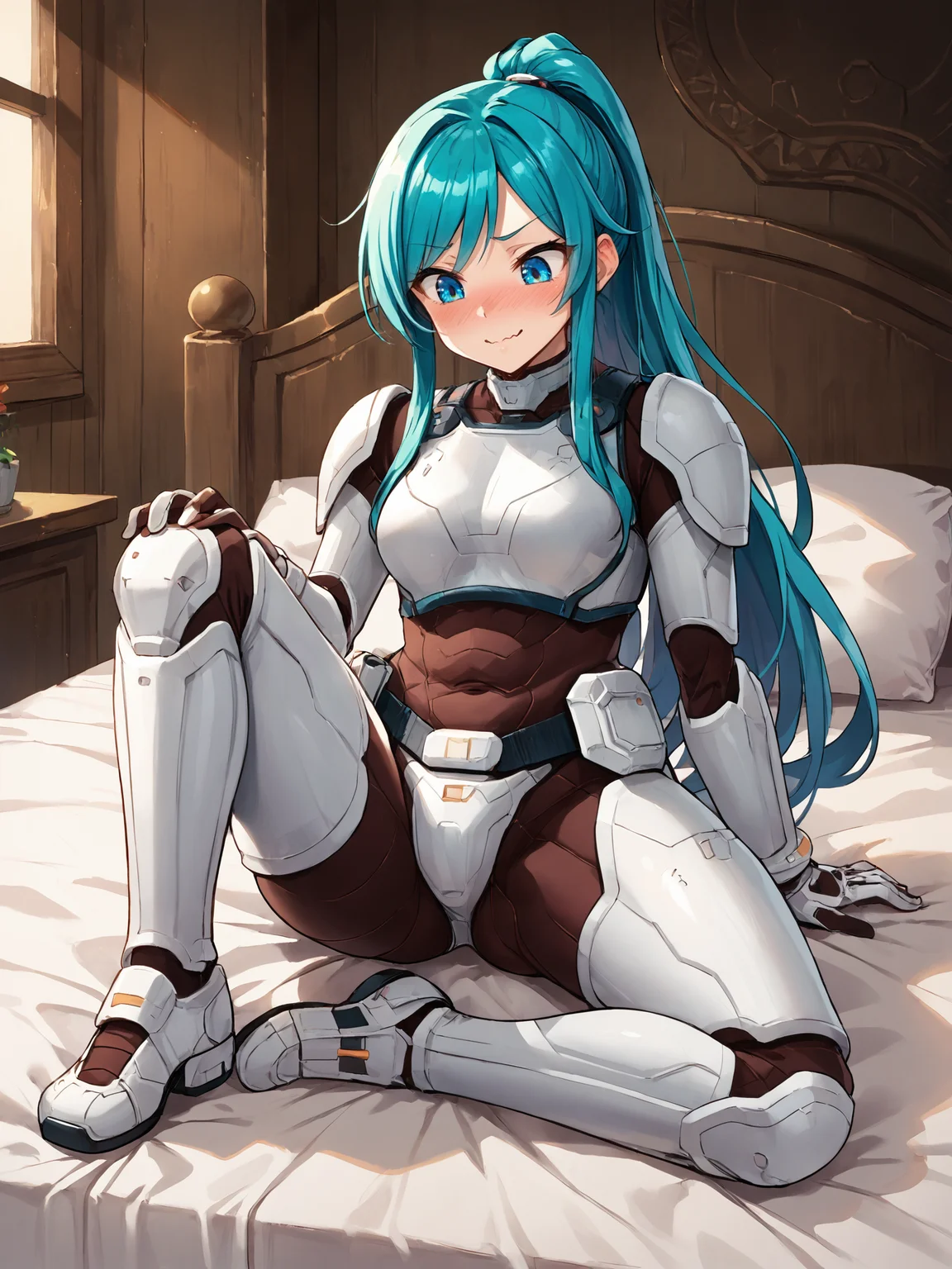score_9, score_8_up, score_7_up, <lora:offset_0.2:0.1>, <lora:spo_sdxl_10ep_4k-data_lora_webui:1>, BREAK,
1girl, solo, source_anime, BREAK,
terraformarsmoviebodysuit, armored bodysuit, black bodysuit, white armor, boobplate, shoulder pads, wrist guards, black gloves, white gloves, utility belt, belt pouch, hip armor, crotch plate, thigh armor, knee pads, shin guards, armored shoes, <lora:Terraformars:1>, BREAK,
swept bangs, aqua hair, sidelocks, long ponytail, blue eyes, straight hair, BREAK,
embarrassed, wavy mouth, smile, full-face blush, looking down, BREAK,
sitting, on bed, spread legs, leg up, BREAK,
full body, indoors, bedroom