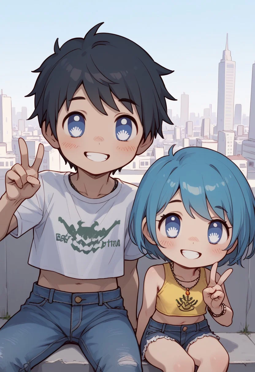 (score_9, score_8_up, score_7_up),chibi,upper body,deformed,| |, 1 girl and 1 boy,hetero, girl focus, bluca-light,aqua hair,short hair,blue eyes,symbol-shaped pupils,
crop top, lowleg jeans shorts, visible lace panties, black short hair boy, jeans, day, outside, city, Couple Selfie, sitting, fully clothed, smile,happy, open eyes,Smiling with teeth showing, peace sign