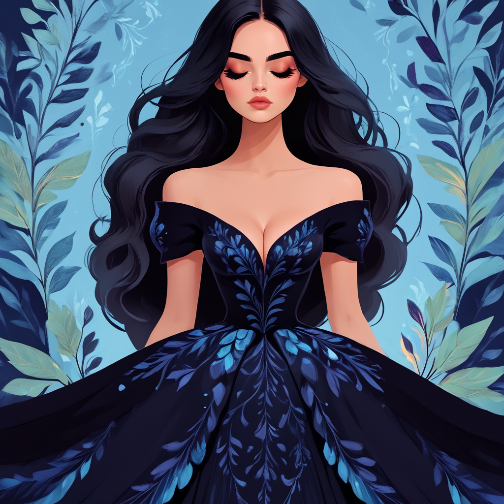 Score_9, score_8_up, score_7_up, score_6_up, BREAK  <lora:Flat_Cartoon_IllustrationPony:1> ArsMJStyle, Flat Cartoon Illustration, The image shows a woman in a black dress standing in front of a blue background surrounded by leaves. She appears to be a princess with a regal and majestic look as if she is a princess., 1girl, long hair, black hair, closed eyes, solo, dress, breasts, cleavage, black dress, bare shoulders