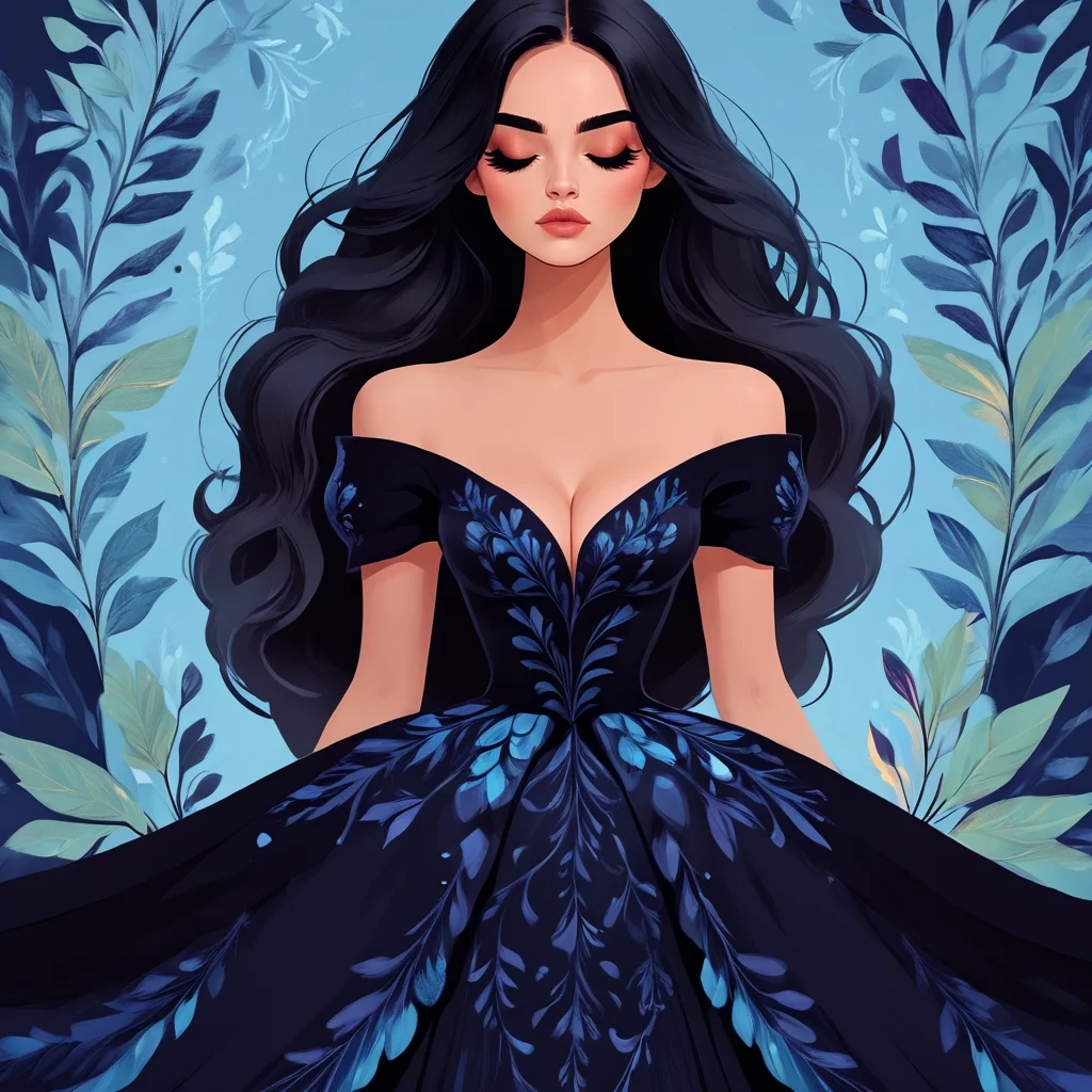 Score_9, score_8_up, score_7_up, score_6_up, BREAK  <lora:Flat_Cartoon_IllustrationPony:1> ArsMJStyle, Flat Cartoon Illustration, The image shows a woman in a black dress standing in front of a blue background surrounded by leaves. She appears to be a princess with a regal and majestic look as if she is a princess., 1girl, long hair, black hair, closed eyes, solo, dress, breasts, cleavage, black dress, bare shoulders