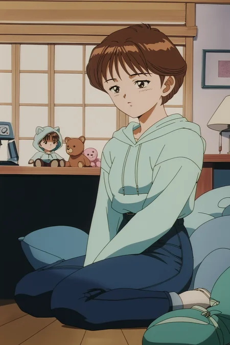 anime screencap, anime coloring, detailed face, masterpiece, best quality, very aesthetic, absurdres, volumetric lighting, official style, amazing quality, ultra detailed, highres, amazing quality, scenery, beautiful detailed hair, beautiful detailed eyes,
<lora:All_4_DNA²_heroines_Ami_Kurimoto_Karin_Aoi_Kotomi_Takanashi_and_Tomoko_Saeki_-_Pony:1>
score_9, score_8_up, score_7_up,
1990s (style), retro artstyle,
Ami Kurimoto, brown hair, short hair, light blue hoodie, light blue hood, 1girl, pants, solo, sitting, long sleeves, indoors, wariza, stuffed toy, facing the viewer,