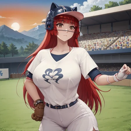 safe_pos, safe_pos, safe_pos, safe_pos, safe_pos, safe_pos, safe_pos, score_9, score_8_up, score_8, score_7_up, score_7, ExpressiveH, upper body
BREAK Hosokawa Haruka, brown eyes, mole under eye, red hair, long hair, baseball uniform, baseball helmet, cat ears on helmet, white shirt, logo on shirt, huge breasts, white shorts, broad hips, shocks, white footwear,
1girl, solo,
BREAK
Garden, sunset, orange sky, purple sky, mountainous horizon
