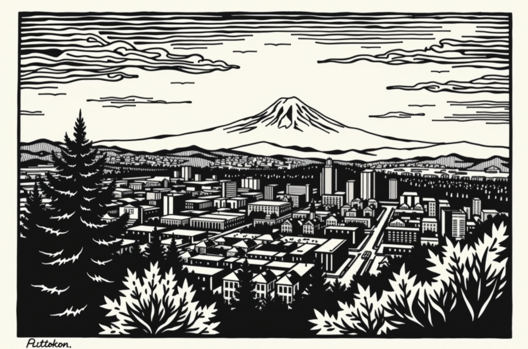 woodcut illustration of the view from Pittock Mansion looking over the city of Portland, Oregon with Mt. Hood in the background.
