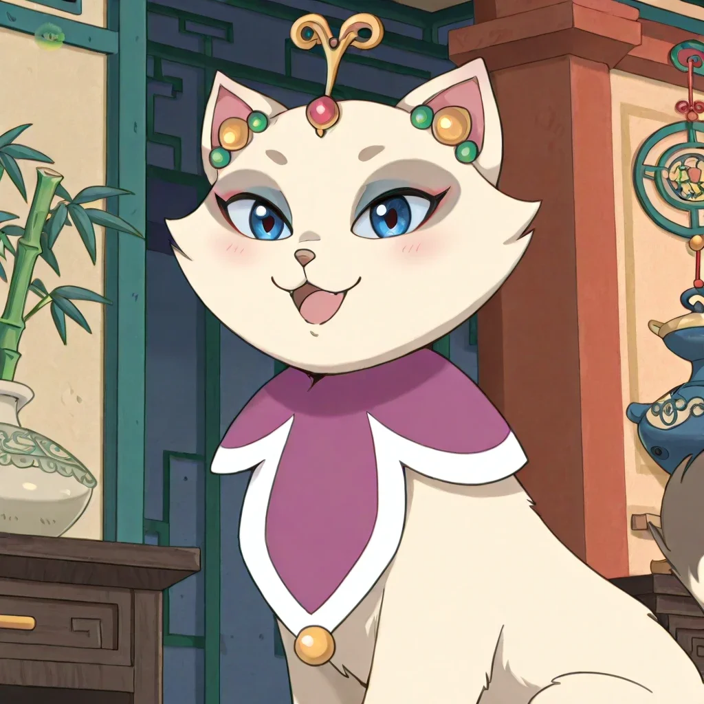 Mama Miao, mama miao, cat, furry, furry female, screencap, jewelry, solo, furry, no humans, closed mouth, indoors, smile, looking at viewer, cute, :3, open mouth, happy, blue eyes, chinese theme, chinese architeture, chinese lamps, bamboo