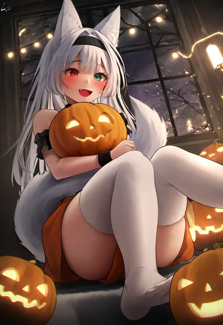 1girl, solo, from below, foreshortening, halloween bucket, red eyes, green eyes, heterochromia, black headband, hair intakes, :d, fang, blush, fox ears, halloween costume, white hair, long hair, hugging tail, fox tail, lying, white thighhighs, dark, indoors, lights, night, jack-o'-lantern, window, <lora:luenar:0.8>, luenar