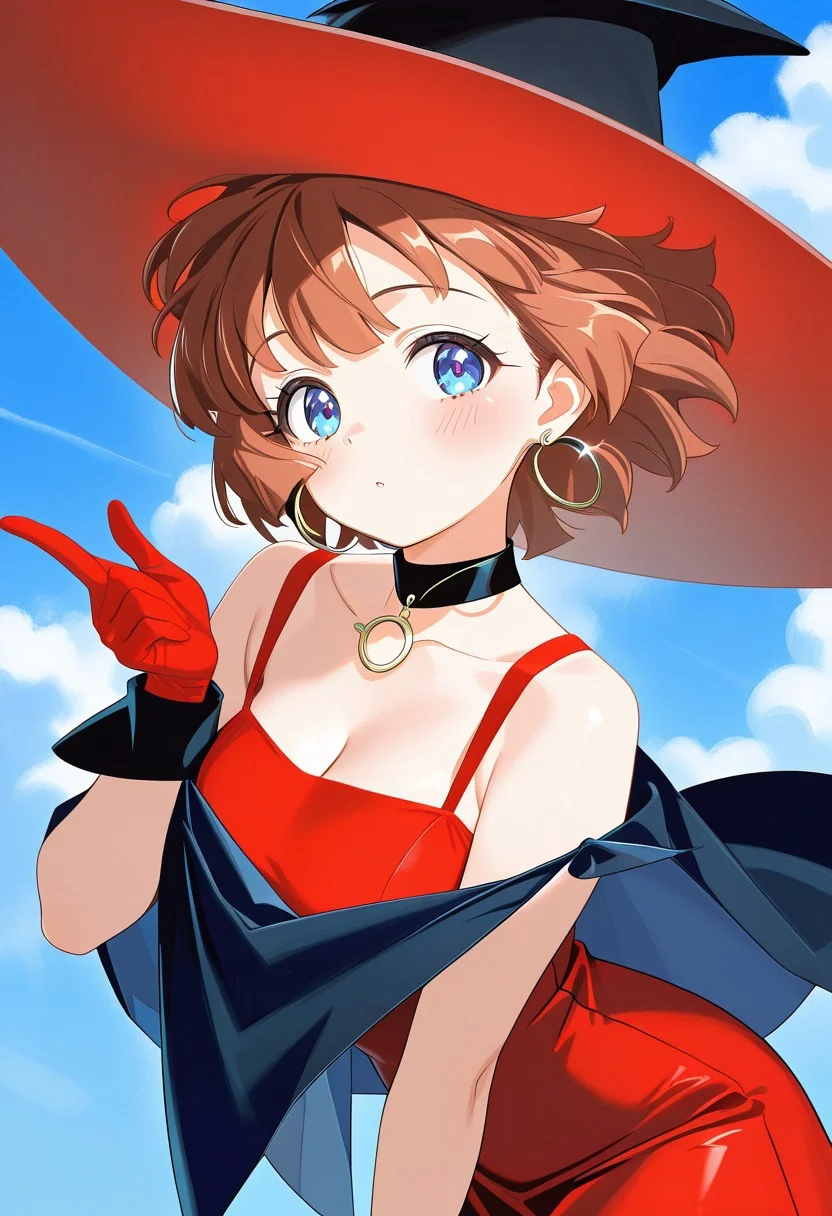 masterpiece,best quality,newest,extremely detailed,highres, absurdres, amazing quality,
Mahoutsukai_Tai, sae963, 1girl, solo, short hair, brown hair, blue eyes, SAEWIT, witch hat, earrings, gloves, cape, choker, red gloves, hoop earrings, red dress,