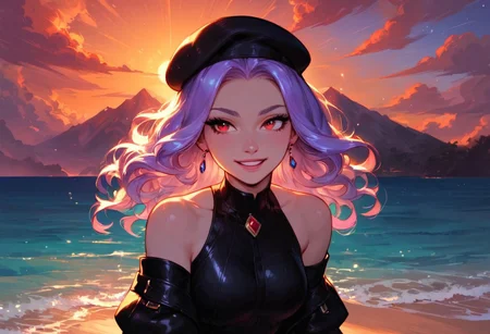 score_9, score_8_up, score_7_up, cute, faded bright colours, ultra detailed, dynamic sunlights, dynamic shades, one cute girl, cute Brazilian woman, backyard, black leather jacket, beret, laughing, delighted, slender, light purple hair, curly hair, shiny-red eyes, smile, bare shoulder, black leather jacket, looking at viewer, sunset, beach boardwalk, dynamic pose, high angle shot..
In the dimly lit chamber, the enchantress' eyes sparkled with a tantalizing promise, their depths shimmering like twin stars. Her gaze, intense and mesmerizing, held the power to captivate and ensnare. The soft glow of the firelight played across her delicate features, highlighting the allure of her enigmatic smile. Draped in flowing, ethereal robes that clung to her graceful form, she moved with a fluid elegance that seemed almost otherworldly. Each glance she cast was a silent invitation, filled with the unspoken allure of secrets and desires yet to be revealed. The air around her thrummed with a subtle, magical energy, as if the very atmosphere responded to her presence. Those who met her gaze felt a magnetic pull, drawn into the spellbinding promise of her eyes, unable to look away.