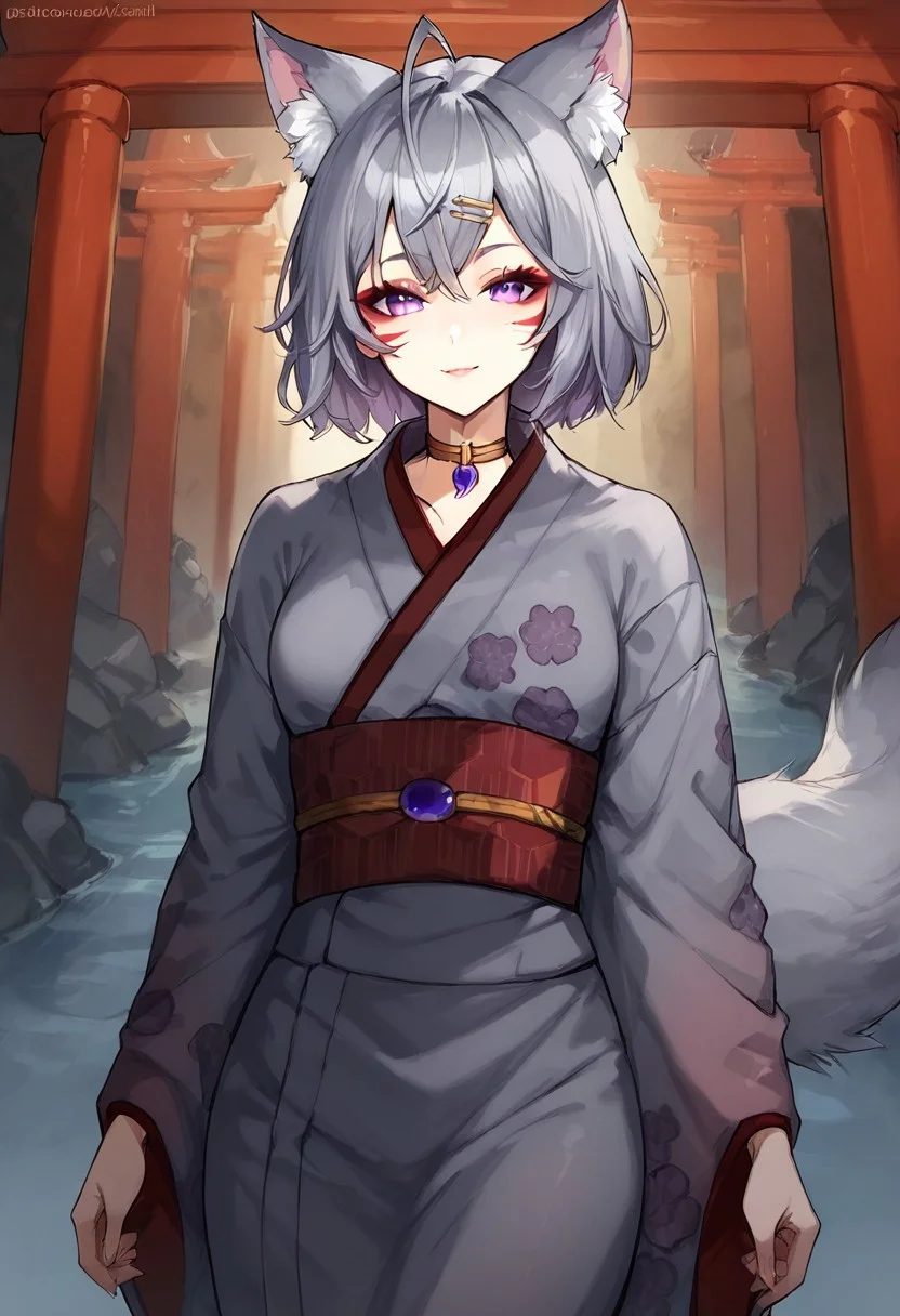 score_9, score_8_up, score_7_up, FlipsieVT, 1girl,fox girl, animal ears, virtual youtuber,fox tail,animal ear fluff,animal ears, fox ears, short hair, grey hair, purple eyes, hair ornament,facial mark,japanese clothes, kimono, sash,obi,torii,[e621] Yasmil style
