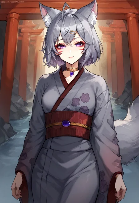score_9, score_8_up, score_7_up, FlipsieVT, 1girl,fox girl, animal ears, virtual youtuber,fox tail,animal ear fluff,animal ears, fox ears, short hair, grey hair, purple eyes, hair ornament,facial mark,japanese clothes, kimono, sash,obi,torii,[e621] Yasmil style