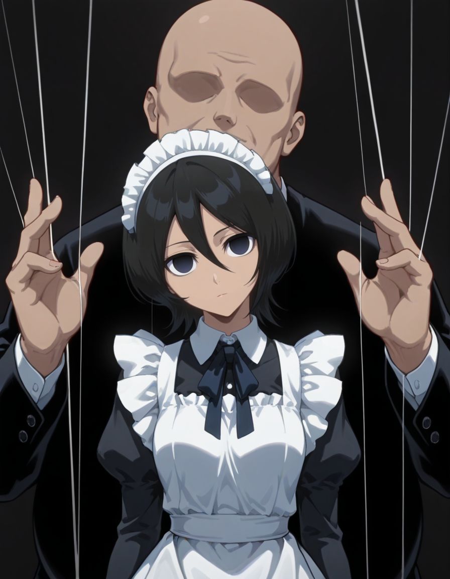 masterpiece, best quality,  <lora:Mind_Controlled_Rukia:1>, 4ukia, short hair, black hair, dark blue eyes, expressionless, empty eyes, (head tilt, maid:1.2), upper body, arms at sides,  doll strings, a faceless fat bald man puppeteering a girl, strings coming out of fingers, hands above girl, strings connected to girl,