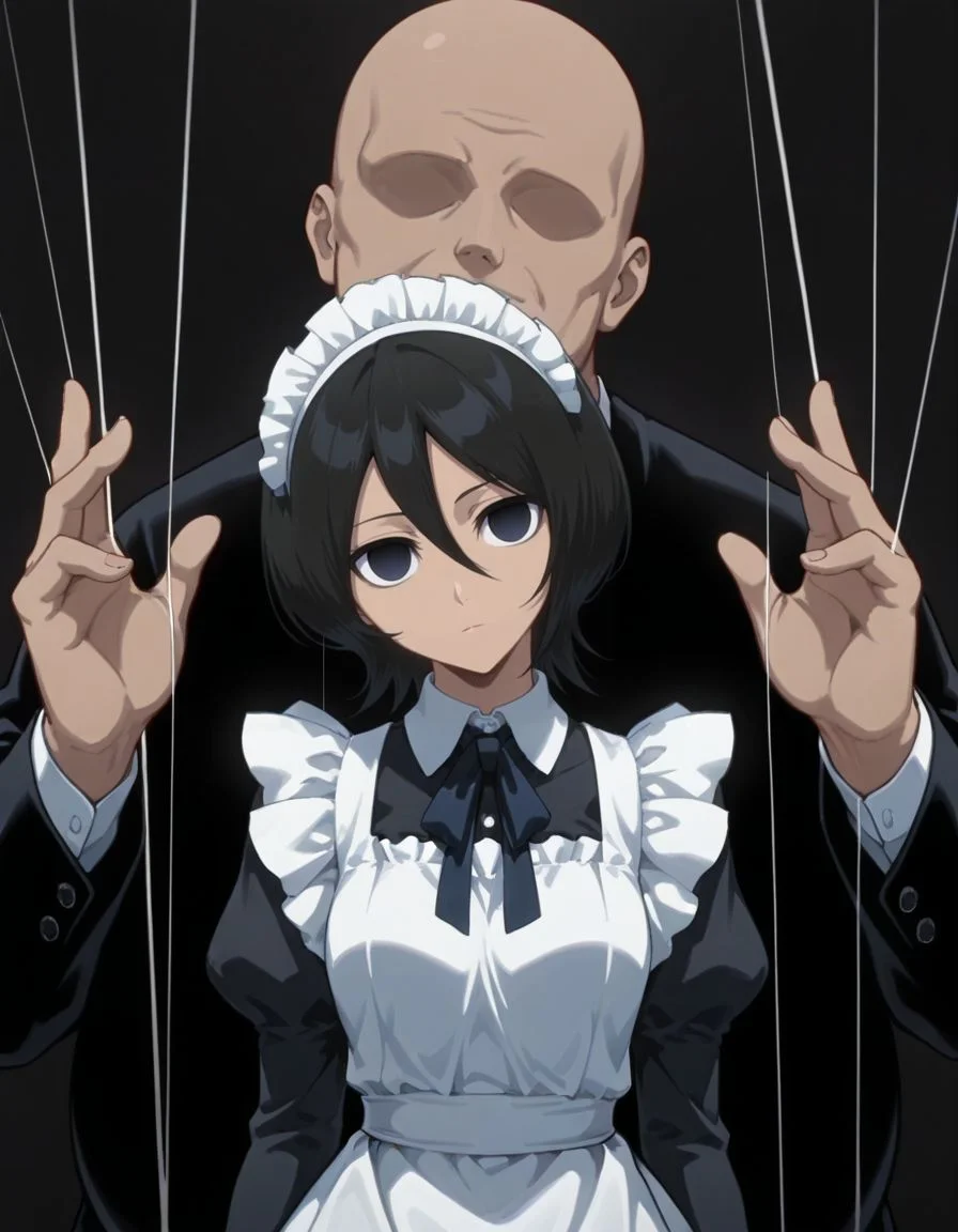 masterpiece, best quality, <lora:Mind_Controlled_Rukia:1>, 4ukia, short hair, black hair, dark blue eyes, expressionless, empty eyes, (head tilt, maid:1.2), upper body, arms at sides, doll strings, a faceless fat bald man puppeteering a girl, strings coming out of fingers, hands above girl, strings connected to girl,