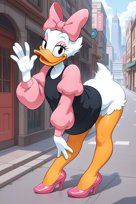 masterpiece, best quality, amazing quality, absurdres, daisyduck, solo, standing, waving, white plumage, white feathers, orange legs, looking at viewer, smile, pink bow, puffy sleeves, short pink sleeves, black shirt, pink stiletto heels, outdoors, city, street