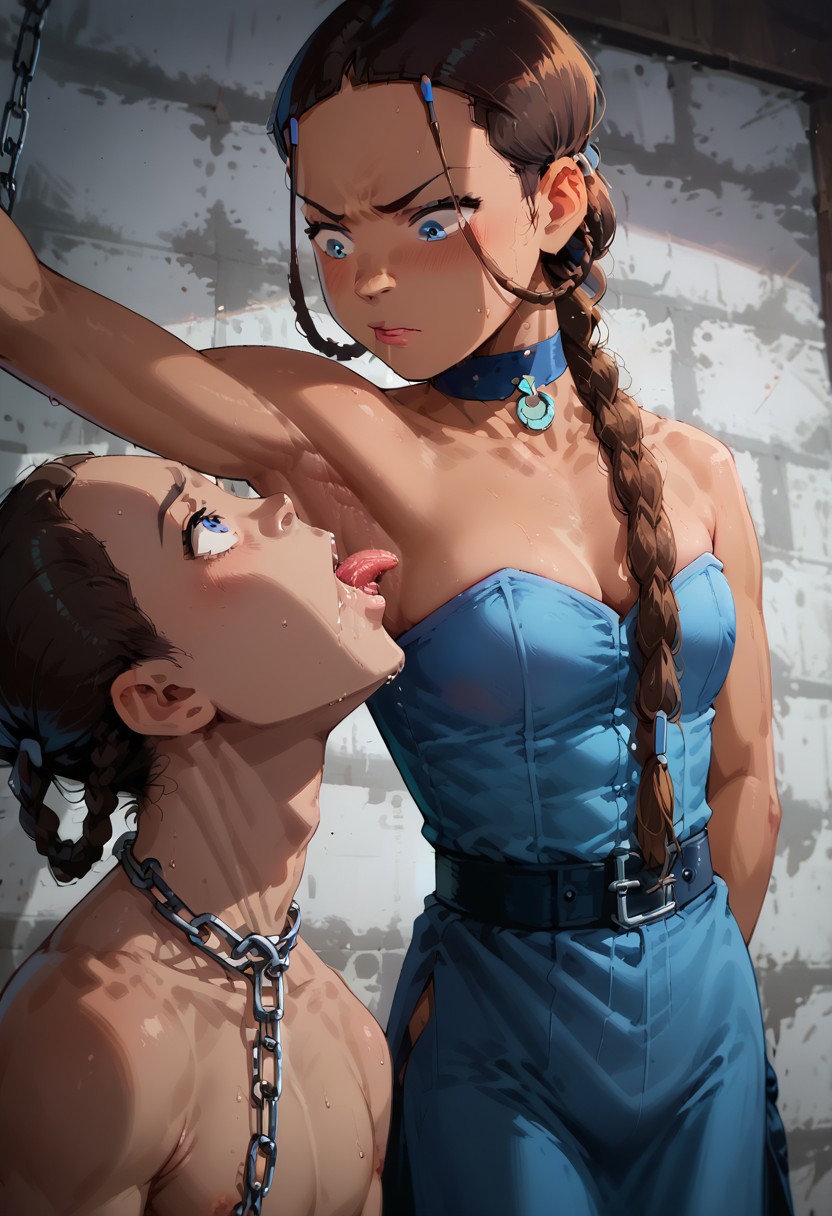 score_9,score_8_up,score_7_up,score_6_up,score_5_up,score_4_up,score_anime, 
best quality,absurdres,Cinematic Lighting, anime screencap, 
armpit licking, 1girl, 1slave, prisoner, cfnm, femdom, mistress, knelt, submissive guy, katara, dark skin, brown hair, blue eyes, braid, blue dress, blue choker, sidelocks