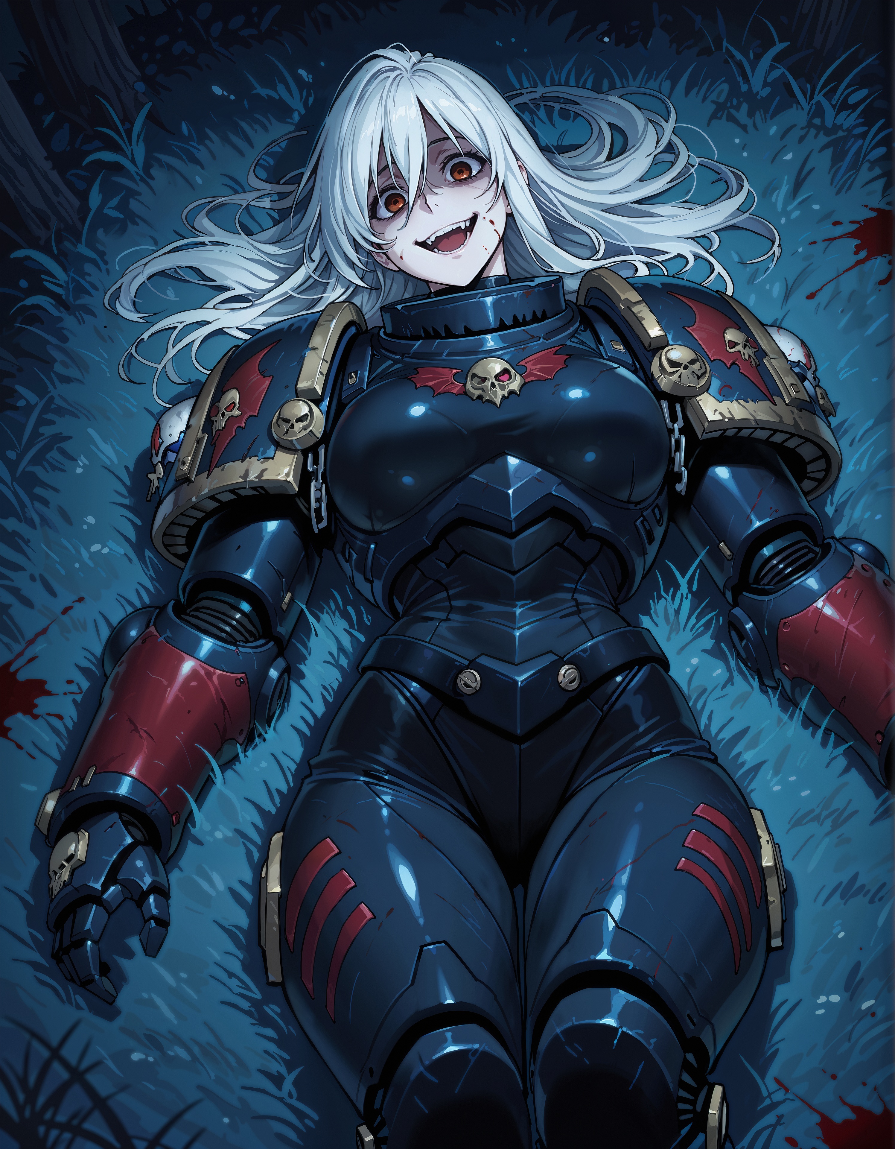 masterpiece, best quality,high quality, newest, highres,8K,HDR,absurdres, 1girl, solo, NightL40K, wearing power armor, white hair, crazy smile, red eyes, yandere, laying in the woods, on grass, from above, night, bloody, blood splatter,  <lora:ILLNightL40K:1>