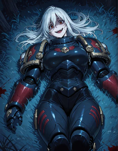 masterpiece, best quality,high quality, newest, highres,8K,HDR,absurdres, 1girl, solo, NightL40K, wearing power armor, white hair, crazy smile, red eyes, yandere, laying in the woods, on grass, from above, night, bloody, blood splatter, <lora:ILLNightL40K:1>